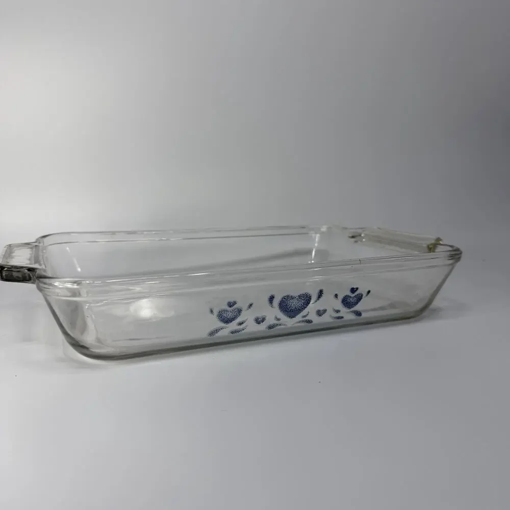 Vtg 90s RARE Blue Hearts 8x11 Glass Baking Dish Cake Pan Anchor Hocking Cottage